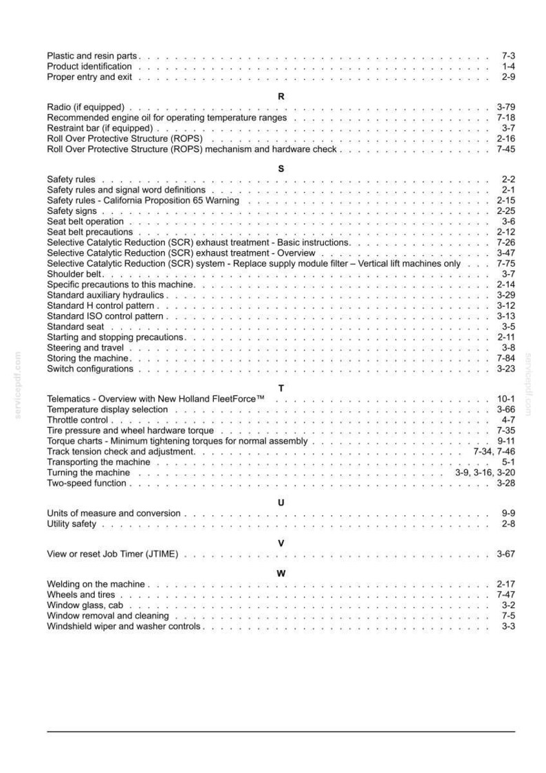 K&ouml;nnte beinhalten: Eine schwarz-wei&szlig;e Indexseite aus einem technischen Handbuch, die Themen von R bis W auflistet, darunter Radio, Safety rules, Selective Catalytic Reduction, Telematics, Torque charts, Units of measure, View or reset Job Timer und Welding.
