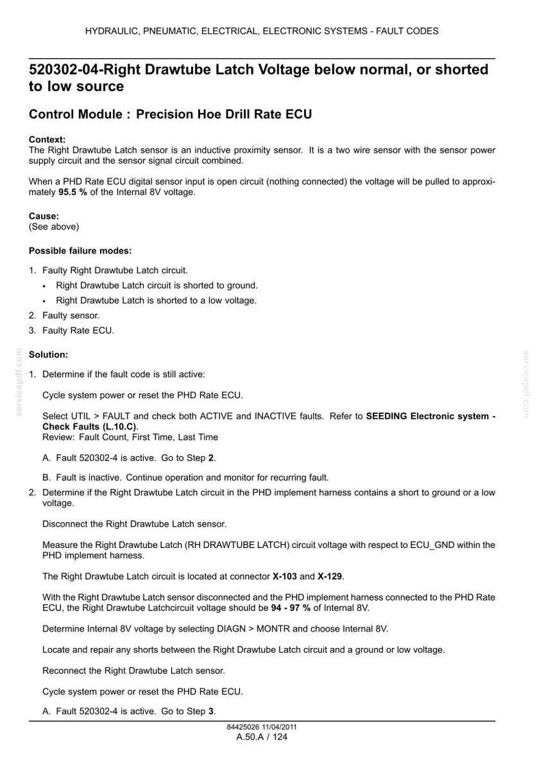Pu&ograve; includere: Una pagina di documento tecnico intitolata HYDRAULIC, PNEUMATIC, ELECTRICAL, ELECTRONIC SYSTEMS - FAULT CODES. Dettaglia il codice di errore 520302-04 relativo alla tensione del fermo del tubo di traino destro, fornendo contesto, cause e passaggi di risoluzione.
