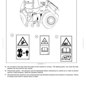 May include: A technical diagram labeled 2-SAFETY INFORMATION showing a construction vehicle with three numbered safety decals. Decal 15 warns of crushing hazards, 16 indicates pressurized systems, and 17 warns of falling components, all with icons.