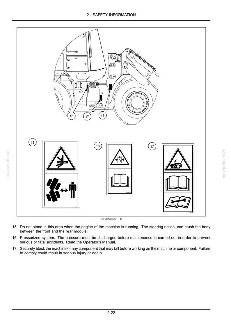May include: A technical diagram labeled 2-SAFETY INFORMATION showing a construction vehicle with three numbered safety decals. Decal 15 warns of crushing hazards, 16 indicates pressurized systems, and 17 warns of falling components, all with icons.