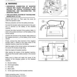 May include: Diagram illustrating the steps for connecting and disconnecting booster cables. Includes images of a machine, battery terminals, and a diagram of the cable connections. Text provides instructions and warnings about battery explosions.