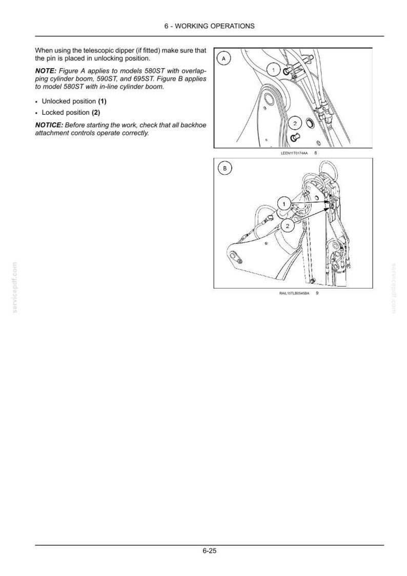 May include: Diagrams illustrating working operations for a telescopic dipper. Figure A shows models 580ST, 590ST, and 695ST. Figure B applies to model 580ST. The diagrams show unlocked and locked positions of the pin.
