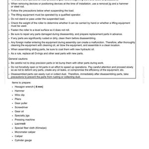 May include: Document detailing instructions for track frame roller preparation, disassembly, and assembly. Includes safety precautions, general cautions, and a list of required tools such as a 6 mm hexagon wrench, hammer, and micrometer caliper.