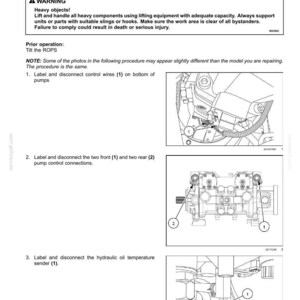 May include: Diagram of pump removal instructions with numbered steps. Includes warnings about heavy objects and safety. The image shows close-ups of pump components with labels and arrows pointing to specific parts.