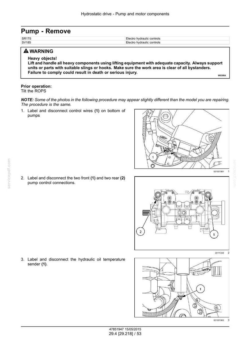 May include: Diagram of pump removal instructions with numbered steps. Includes warnings about heavy objects and safety. The image shows close-ups of pump components with labels and arrows pointing to specific parts.