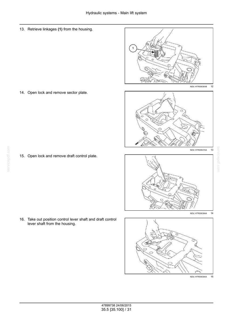 Puede incluir: Diagrama del sistema de elevaci&oacute;n principal de un sistema hidr&aacute;ulico, con instrucciones paso a paso. La imagen muestra una serie de ilustraciones que detallan la extracci&oacute;n de varillajes, placas de sector y componentes de control. El texto incluye instrucciones y n&uacute;meros de pieza.