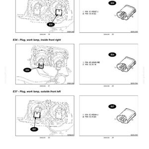 May include: A technical diagram titled Electrical systems - Harnesses and connectors, showing three work lamp plug configurations labelled E33, E34, and E37. Each section includes a line drawing of the plug location and a detailed view of the connector.