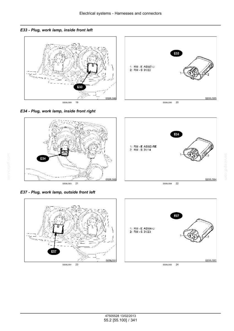 May include: A technical diagram titled Electrical systems - Harnesses and connectors, showing three work lamp plug configurations labelled E33, E34, and E37. Each section includes a line drawing of the plug location and a detailed view of the connector.