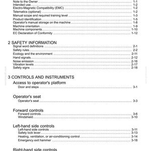 May include: A page from a manual titled "Contents" with a list of topics including General Information, Safety Information, and Controls and Instruments. The text is black on a white background.
