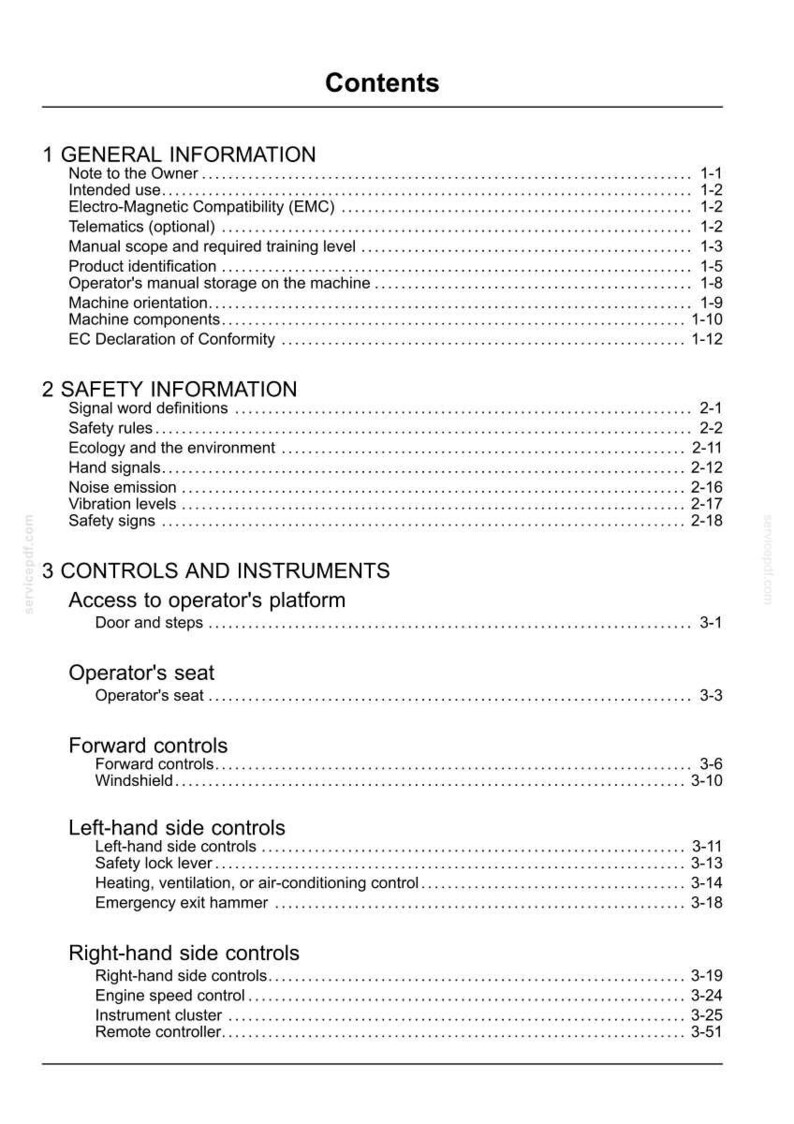 May include: A page from a manual titled "Contents" with a list of topics including General Information, Safety Information, and Controls and Instruments. The text is black on a white background.