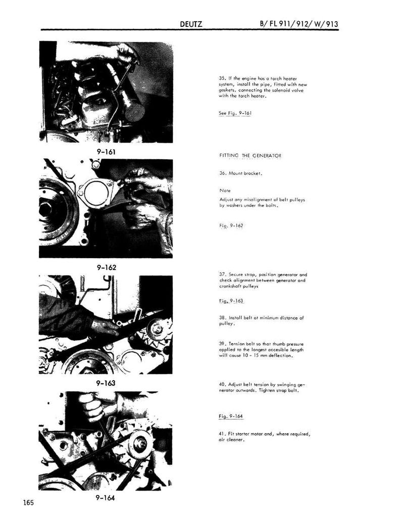 May include: Black and white technical manual page with the title "DEUTZ" and the model numbers "B/FL 911/912/W/913". The page includes diagrams and instructions for engine maintenance and generator fitting, with figures labeled 9-161, 9-162, 9-163, and 9-164.
