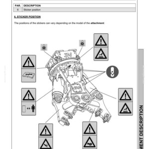 May include: Diagram of a primary crusher attachment, featuring a detailed mechanical illustration with various warning symbols and a hook icon. The image includes text labels such as "Attachment Description" and "Sticker Position."
