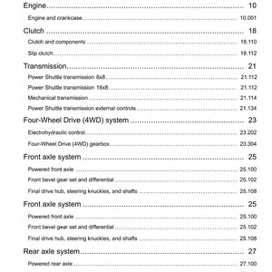 May include: A page from a manual titled "Contents" with a list of topics including Engine, Clutch, Transmission, Four-Wheel Drive, Front Axle, and Rear Axle systems. The text is black on a white background.