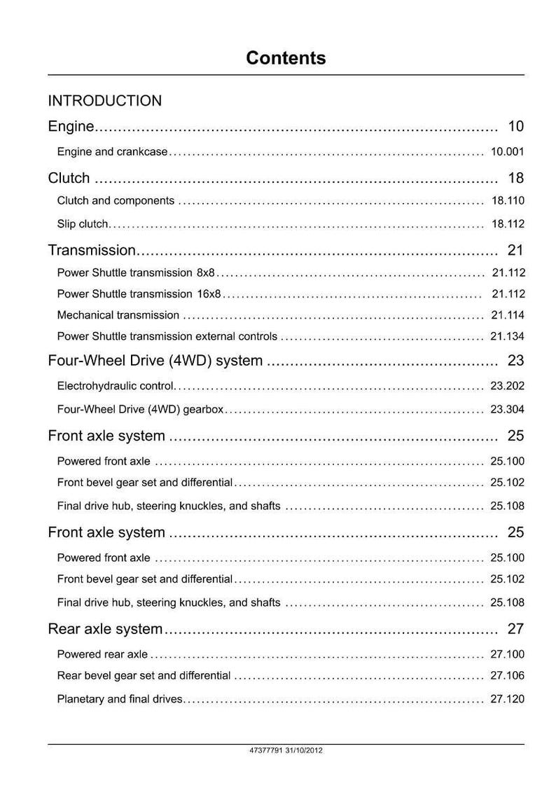 May include: A page from a manual titled "Contents" with a list of topics including Engine, Clutch, Transmission, Four-Wheel Drive, Front Axle, and Rear Axle systems. The text is black on a white background.
