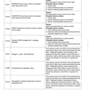 May include: A technical reference table labeled 4005-70 listing diagnostic trouble codes from 19741 to 19775. The document outlines definitions, causes, and repair steps for vehicle systems, including ECM/PCM power relays, urea sensors, and dosing control units.