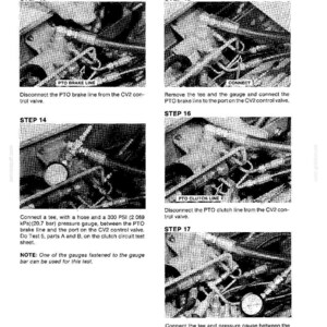 May include: A black and white technical diagram with instructions for testing a PTO clutch and brake. The diagram includes multiple steps with labels such as "PTO BRAKE LINE" and "CONNECT". The text provides detailed instructions for the procedure.