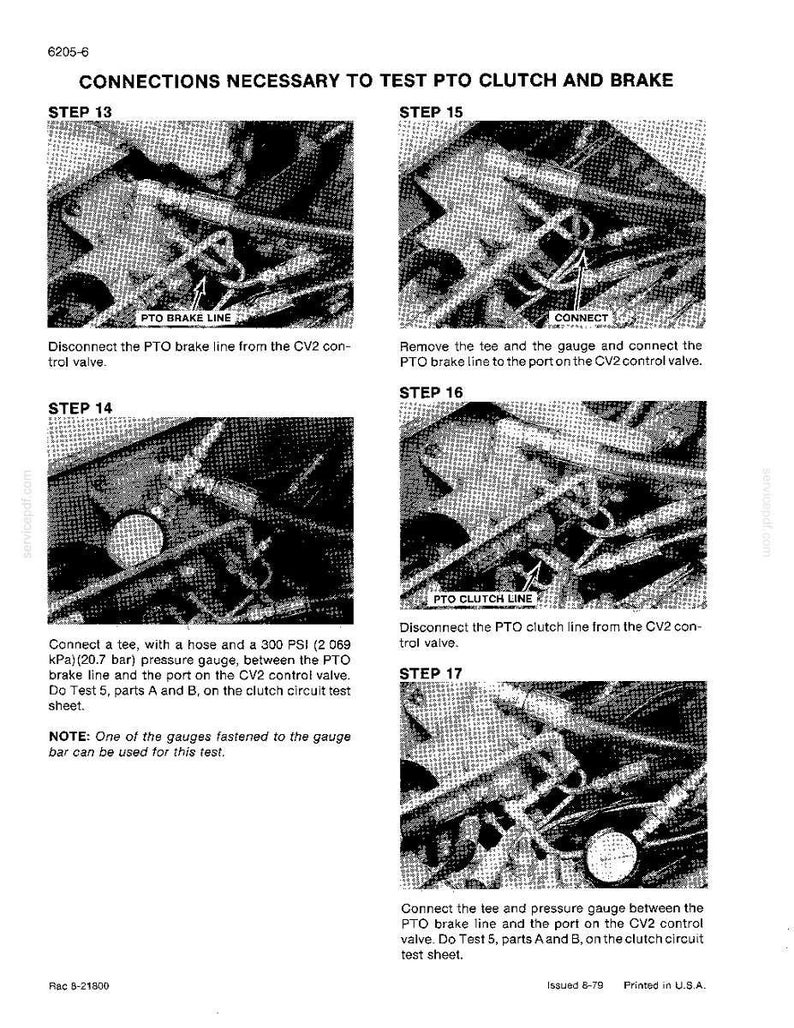 May include: A black and white technical diagram with instructions for testing a PTO clutch and brake. The diagram includes multiple steps with labels such as "PTO BRAKE LINE" and "CONNECT". The text provides detailed instructions for the procedure.