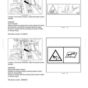 May include: Safety information page with diagrams and warning symbols. Includes text about crush hazards and pressurized systems. ISO decal numbers are also listed. The page is from a service manual.