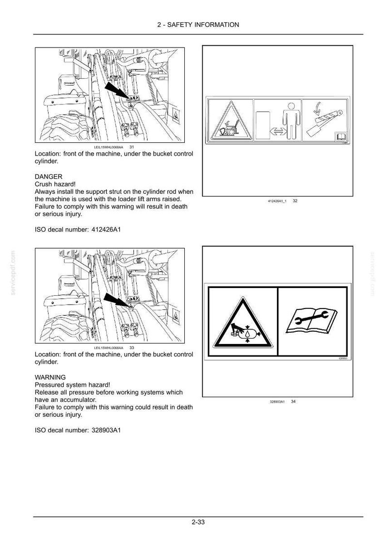 May include: Safety information page with diagrams and warning symbols. Includes text about crush hazards and pressurized systems. ISO decal numbers are also listed. The page is from a service manual.
