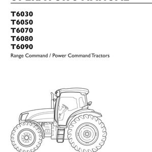 May include: An operator's manual for New Holland Agriculture T6030, T6050, T6070, T6080, and T6090 Range Command / Power Command tractors. The cover features a black line drawing of a tractor, part number 84590566, 3rd edition, January 2012.