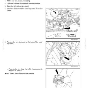 May include: Diagram of engine components with arrows pointing to fuel filter parts. Text includes instructions for fuel filter replacement, including removing a wire connector. The image is from a maintenance manual.