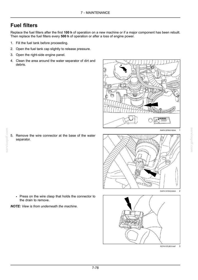 May include: Diagram of engine components with arrows pointing to fuel filter parts. Text includes instructions for fuel filter replacement, including removing a wire connector. The image is from a maintenance manual.