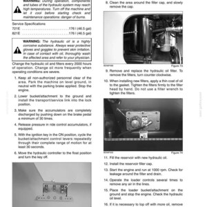 May include: A page from a manual detailing hydraulic oil and filter changes, including warnings about high temperatures and corrosive substances. The image shows diagrams and instructions for maintenance procedures, with specifications and safety precautions.
