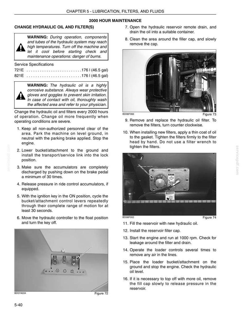 May include: A page from a manual detailing hydraulic oil and filter changes, including warnings about high temperatures and corrosive substances. The image shows diagrams and instructions for maintenance procedures, with specifications and safety precautions.