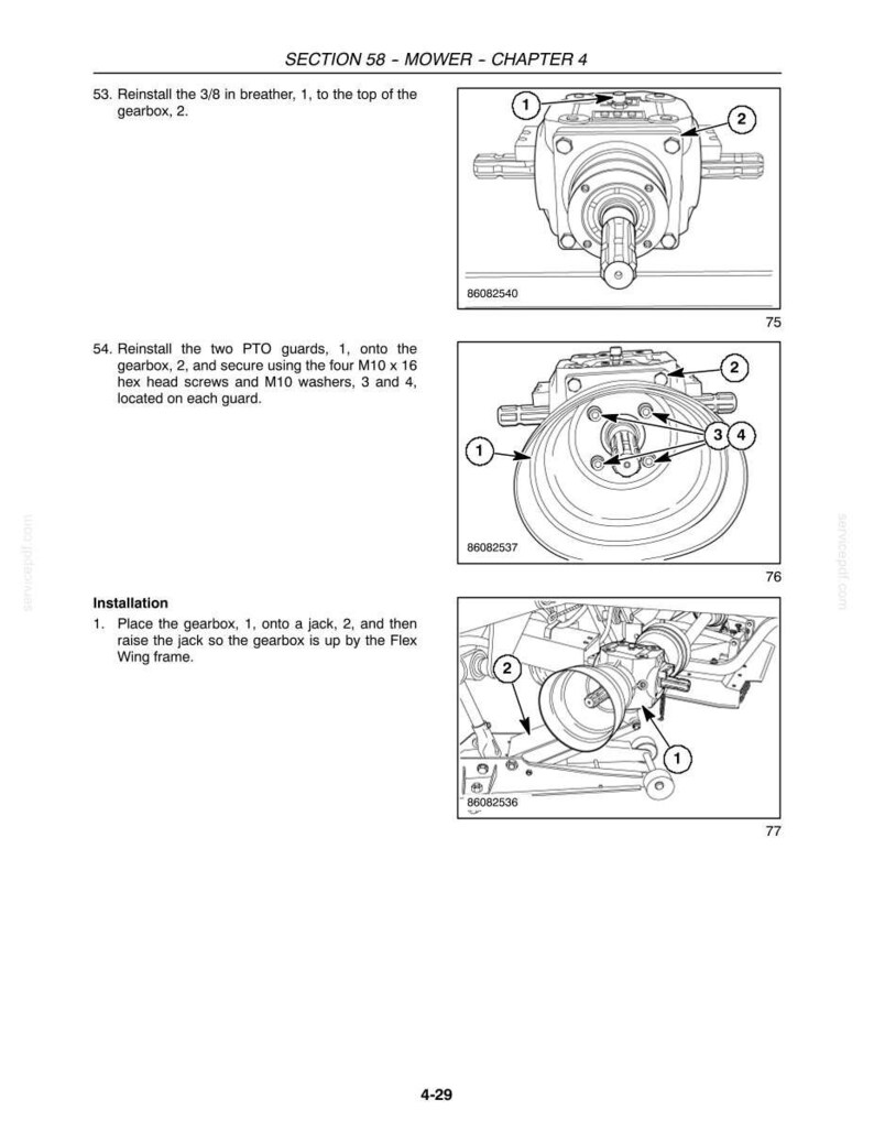 Puede incluir: Una p&aacute;gina de manual t&eacute;cnico titulada SECTION 58 - MOWER - CHAPTER 4, que presenta tres dibujos lineales en blanco y negro de un conjunto de caja de cambios de cortac&eacute;sped. Los diagramas incluyen llamadas numeradas para las piezas.