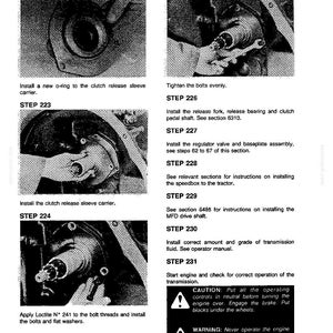 May include: A page from a manual with instructions for tractor repair. The manual includes diagrams and text for steps like installing an o-ring, tightening bolts, and installing the release fork. Warnings and cautions are also included.