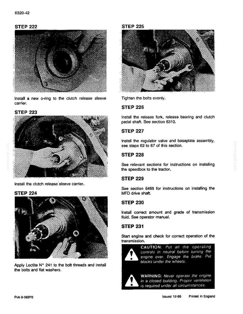 May include: A page from a manual with instructions for tractor repair. The manual includes diagrams and text for steps like installing an o-ring, tightening bolts, and installing the release fork. Warnings and cautions are also included.