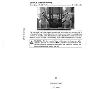May include: A technical diagram with the title "CYLINDER MOUNTED LOAD HOLDING CONTROL DEVICES (OPTIONAL)". The diagram includes service specifications and a warning about pilot-operated devices. The text also mentions the role of the load holding valve.