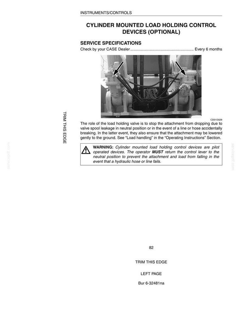 May include: A technical diagram with the title "CYLINDER MOUNTED LOAD HOLDING CONTROL DEVICES (OPTIONAL)". The diagram includes service specifications and a warning about pilot-operated devices. The text also mentions the role of the load holding valve.