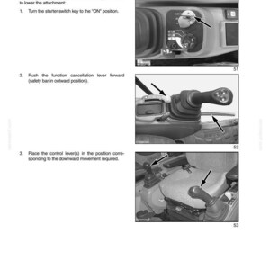 May include: Page from an operating manual with instructions for lowering an attachment in the event of a machine failure. The image shows close-ups of the machine's controls, including the starter switch, function cancellation lever, and control levers.
