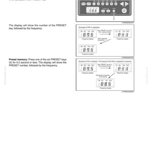 Może przedstawiać: Strona z instrukcji technicznej zatytułowana CHAPTER 3 - INSTRUMENTS AND CONTROLS, zawierająca schematy interfejsu radia z sześcioma ponumerowanymi przyciskami pamięci, cyfrowymi wyświetlaczami częstotliwości oraz instrukcjami zapisu stacji.