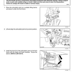 May include: Diagram of the articulation frame pivot installation process. Instructions include placing the joint, aligning it, and installing the front pin. Text includes a warning about heavy objects and the torque needed, 390 N-m (287.6 lb ft).