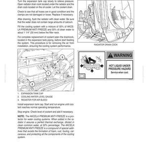 May include: Diagram of a vehicle's cooling system maintenance, including instructions for replacing coolant and cleaning the system. The image includes labeled components like the expansion tank cap, cooling water level gauge, and register for air bleed, with a warning about hot liquid under pressure.