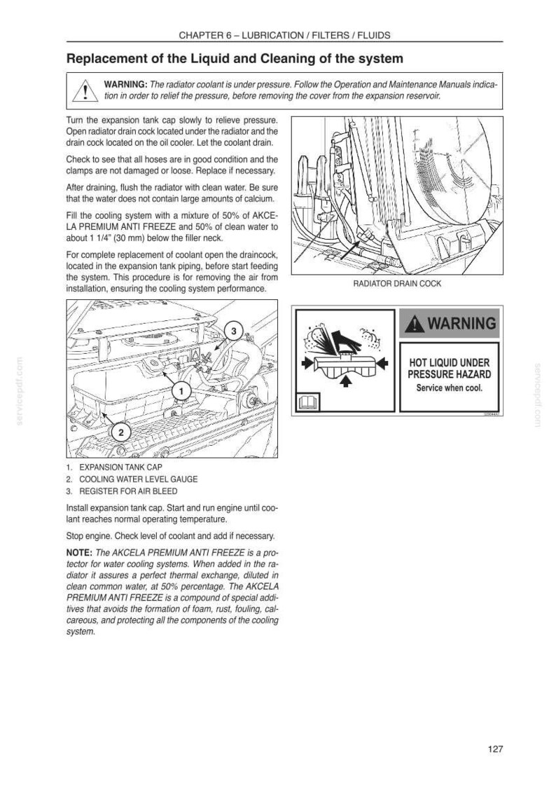 May include: Diagram of a vehicle's cooling system maintenance, including instructions for replacing coolant and cleaning the system. The image includes labeled components like the expansion tank cap, cooling water level gauge, and register for air bleed, with a warning about hot liquid under pressure.