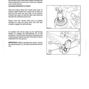 May include: A technical manual page titled SECTION 3 - FIELD OPERATIONS containing text instructions and two black and white line drawings. One drawing shows a joystick labeled L and N, while the other shows a tractor hitch mechanism with parts 1 and 2.