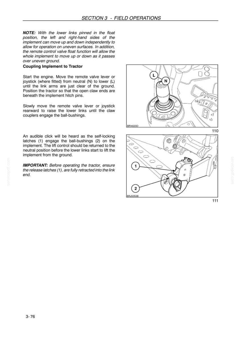 May include: A technical manual page titled SECTION 3 - FIELD OPERATIONS containing text instructions and two black and white line drawings. One drawing shows a joystick labeled L and N, while the other shows a tractor hitch mechanism with parts 1 and 2.