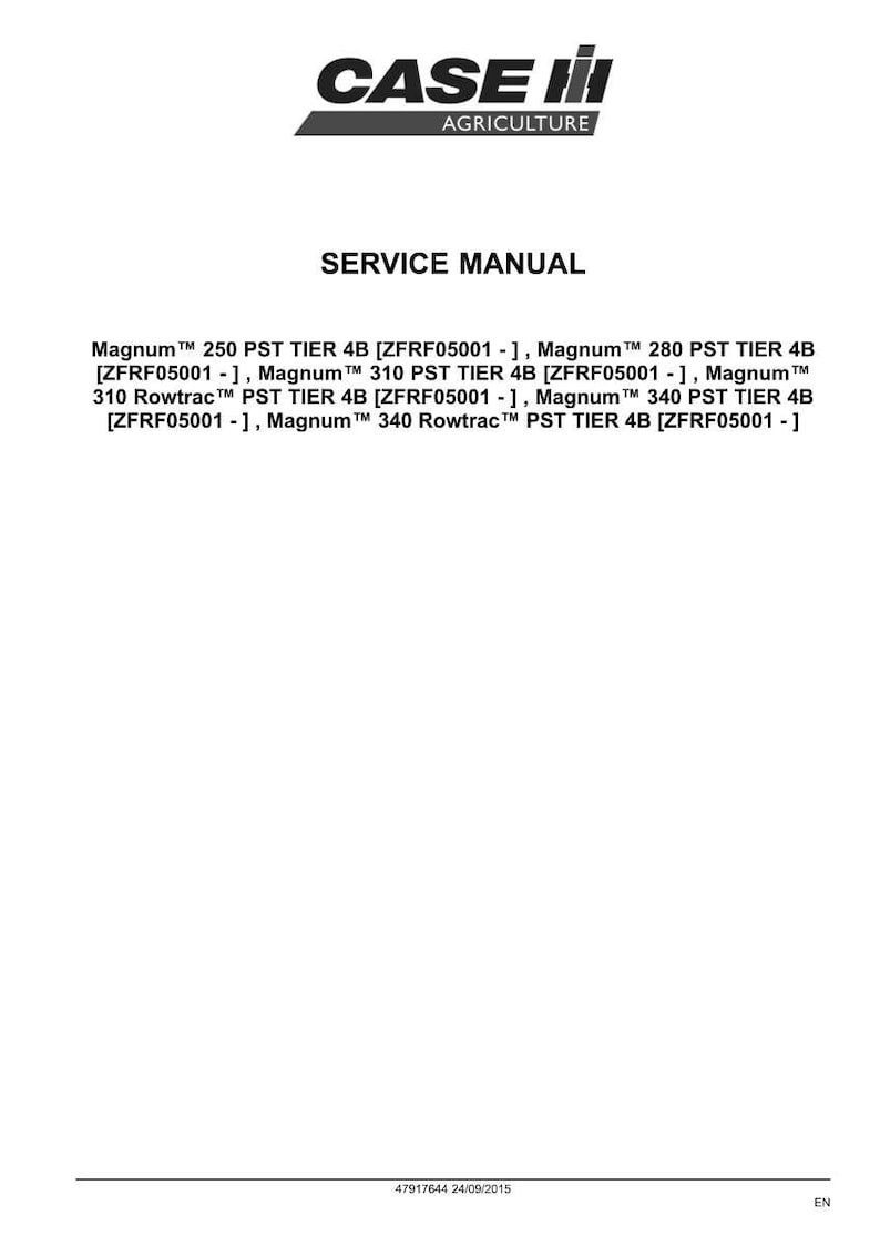 May include: A white page featuring the Case IH Agriculture logo and the words "SERVICE MANUAL" in bold black text. Below, a list of Magnum PST Tier 4B models is displayed.