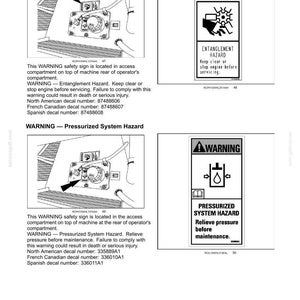 May include: Safety information page with two warning signs. The first sign warns of an entanglement hazard, with a diagram of a hand and a rotating part. The second sign warns of a pressurized system hazard, with a diagram of a pressure gauge.
