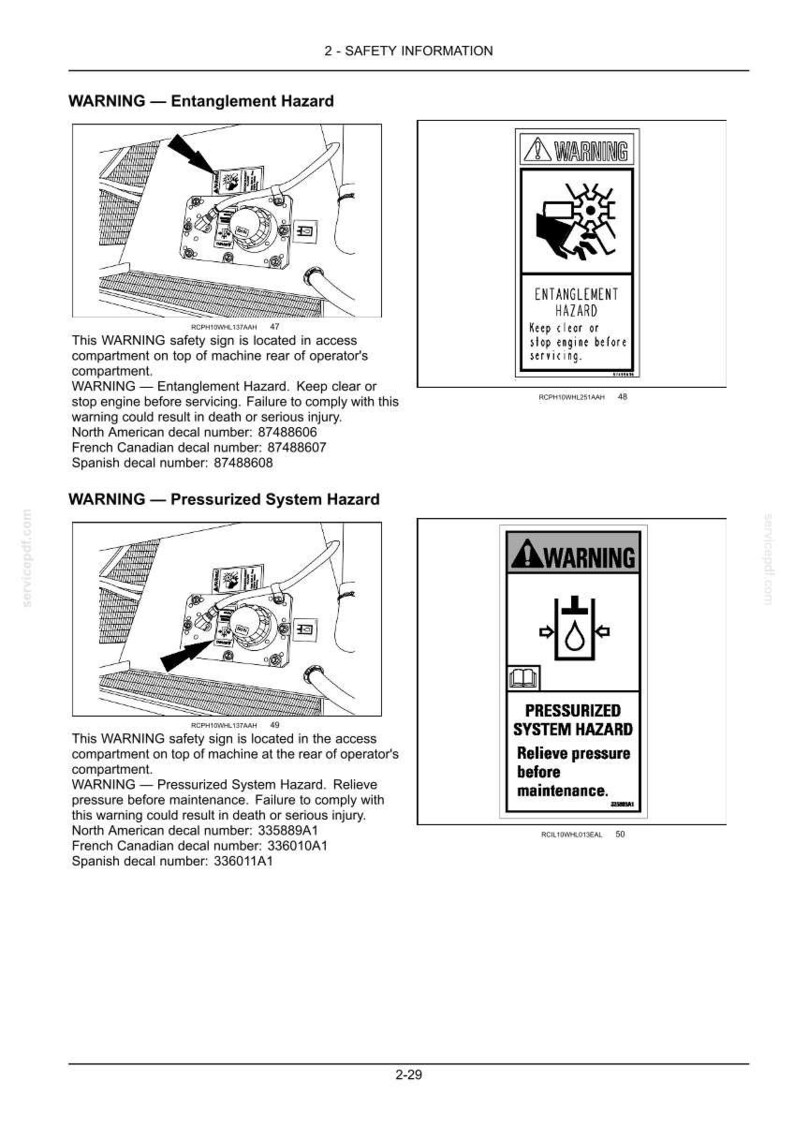 May include: Safety information page with two warning signs. The first sign warns of an entanglement hazard, with a diagram of a hand and a rotating part. The second sign warns of a pressurized system hazard, with a diagram of a pressure gauge.