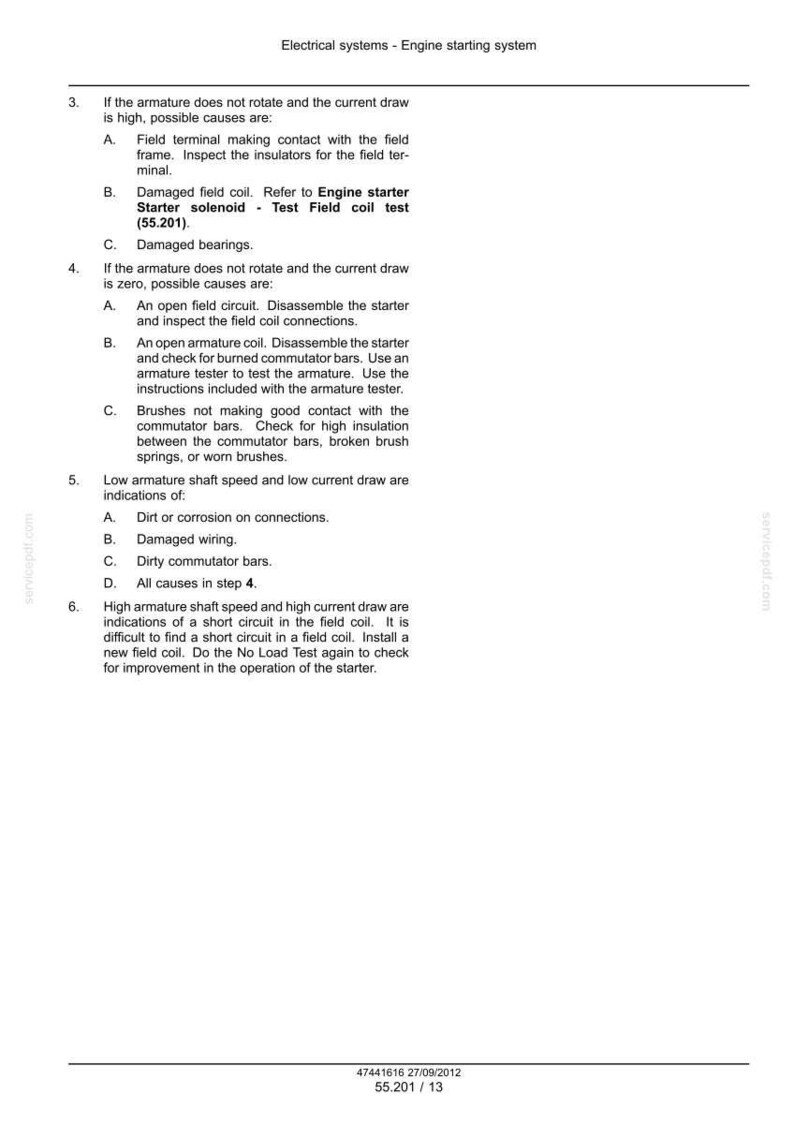 May include: A manual page detailing the engine starting system, with text on possible causes for armature issues, including damaged field coils and bearings. The document is in black text on a white background.