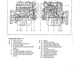 May include: Detailed diagram of an engine assembly, labeled with various components such as intake manifold, injection pump, and oil filter. The image includes a list of reassembly steps and part numbers for reference.