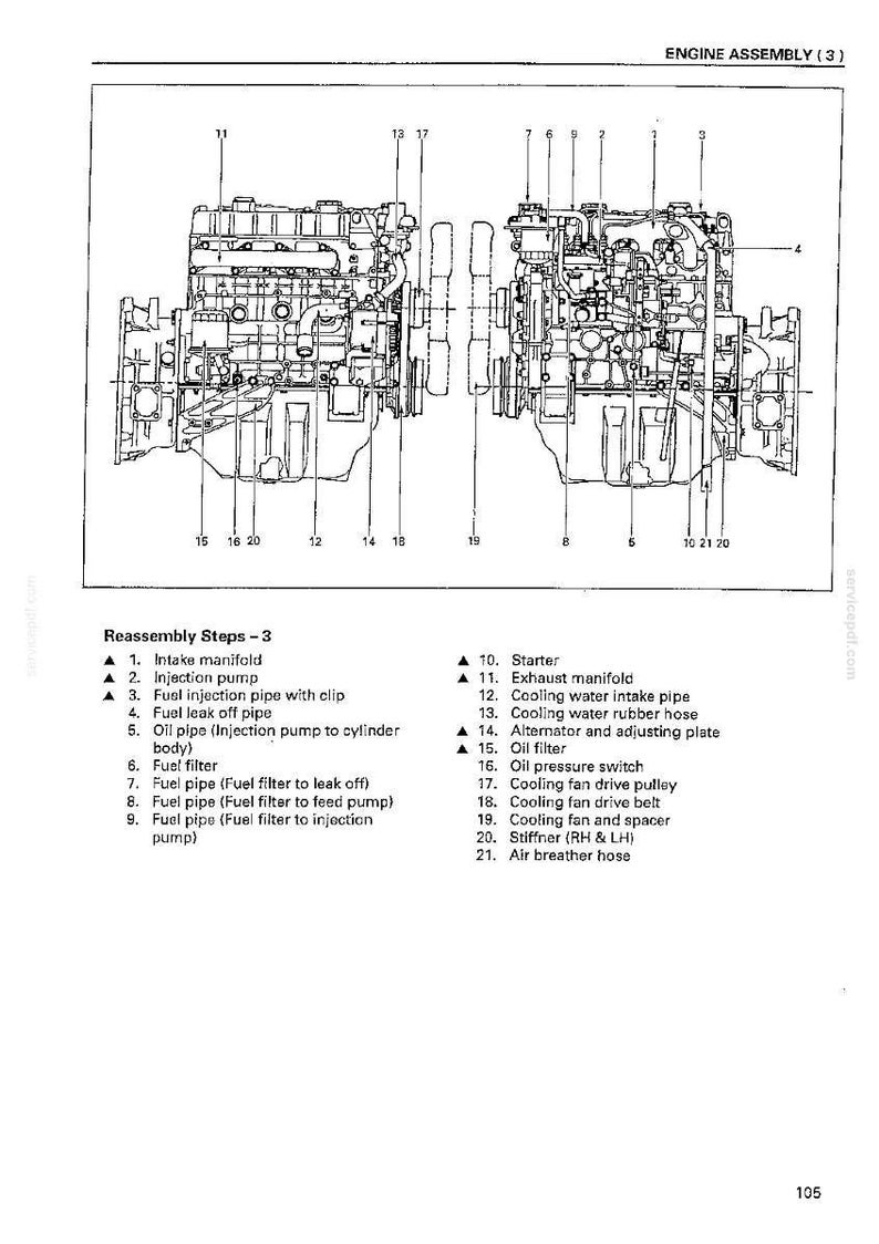 May include: Detailed diagram of an engine assembly, labeled with various components such as intake manifold, injection pump, and oil filter. The image includes a list of reassembly steps and part numbers for reference.