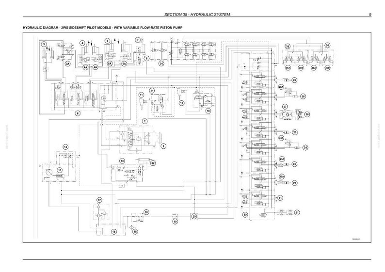 May include: A detailed hydraulic diagram for a 2WS sideshift pilot model with a variable flow-rate piston pump. The diagram is a complex network of lines, circles, and symbols, with labels and annotations. The text "SECTION 35 - HYDRAULIC SYSTEM" is at the top.