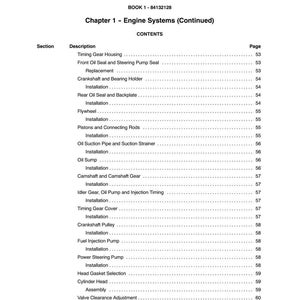 Pode incluir: Uma p&aacute;gina de um manual intitulada "SECTION 10 - ENGINE" com um &iacute;ndice para "Chapter 1 - Engine Systems (Continued)". A tabela lista componentes do motor como "Timing Gear Housing", "Flywheel" e "Fuel Injection Pump", com os n&uacute;meros de p&aacute;gina correspondentes.