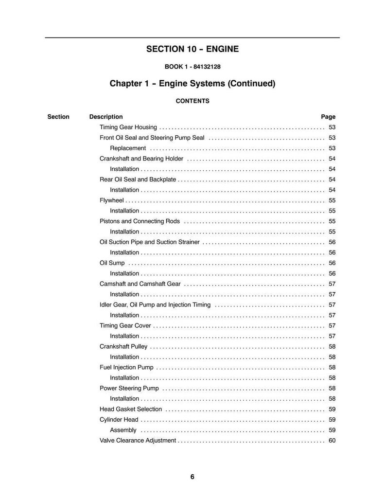 Pode incluir: Uma p&aacute;gina de um manual intitulada "SECTION 10 - ENGINE" com um &iacute;ndice para "Chapter 1 - Engine Systems (Continued)". A tabela lista componentes do motor como "Timing Gear Housing", "Flywheel" e "Fuel Injection Pump", com os n&uacute;meros de p&aacute;gina correspondentes.
