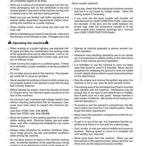 May include: A page from a manual with safety information for a CASE CONSTRUCTION machine. The text includes warnings about operating the machine, including overhead power lines and working conditions.